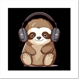 Cute Sloth Headphones Posters and Art